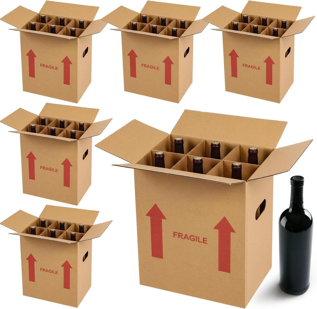 Tatuo 5 Pack Wine Bottle Boxes for Moving 13 x 11 x 8 Inch Corrugated 6 Bottle Liquor Shipping Box Kitchen Packing Storage Carrier with Divider Kits and Handles for Glassware Dishes