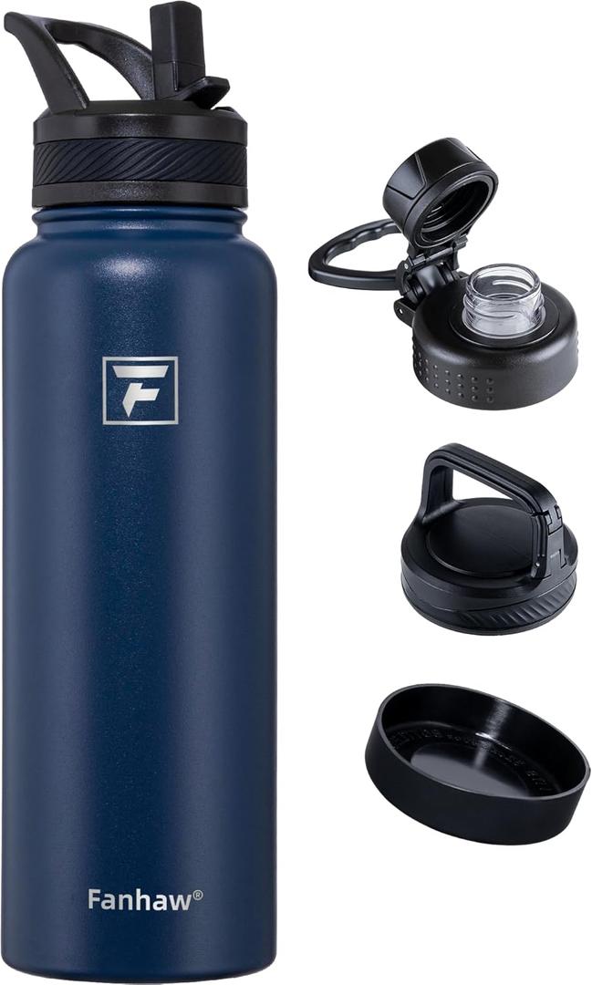 Fanhaw 40 oz Insulated Water Bottle  Stainless Steel Flask with 3 Lids (Straw, Spout, Carabiner) | Durable, Leakproof, for Hiking, Camping, Outdoor Adventures & Travel (Navy Blue)