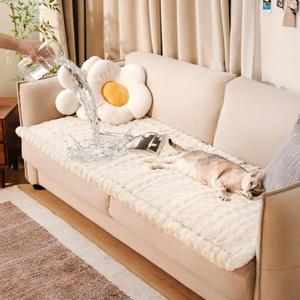 FUNNY FUZZY Pet Couch Cover for Sofa, Waterproof Couch Cover for Dogs Washable, Pet Friendly Fuzzy Sofa Covers Thick Soft Dog Bed Mat Non Slip for Couches and Sofas, Cream White, 27.6"70.9"