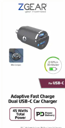 ZGEAR 45W Adaptive Fast Charge Dual USB C Car Charger