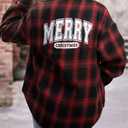 Christmas Plaid Blouses Women Xmas Santa Long Sleeve Shirt Checked Cute Christmas Collared Button Down Tops (Large, Red Black Merry)