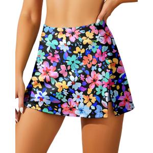 Aqua Eve Women Swim Skirt Tummy Control Swimsuit Skirt with Built-in Shorts High Waisted Split Swim Bottom (X-Large, Colorful Floral)