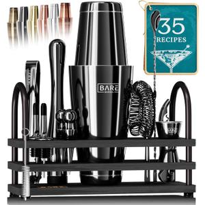 BARE BARREL Mixology Bartender Kit Bar Set | 14-Piece Cocktail Shaker Set | Martini Barware Mixing Tools for Home Bartending | 35 Recipe Cards | Gift Set (28oz Boston Shaker, Jet Black/Black)