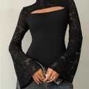 Milumia Women's Sexy Cut Out Lace Bodysuit Bell Sleeve Sheer Leotard Top Small