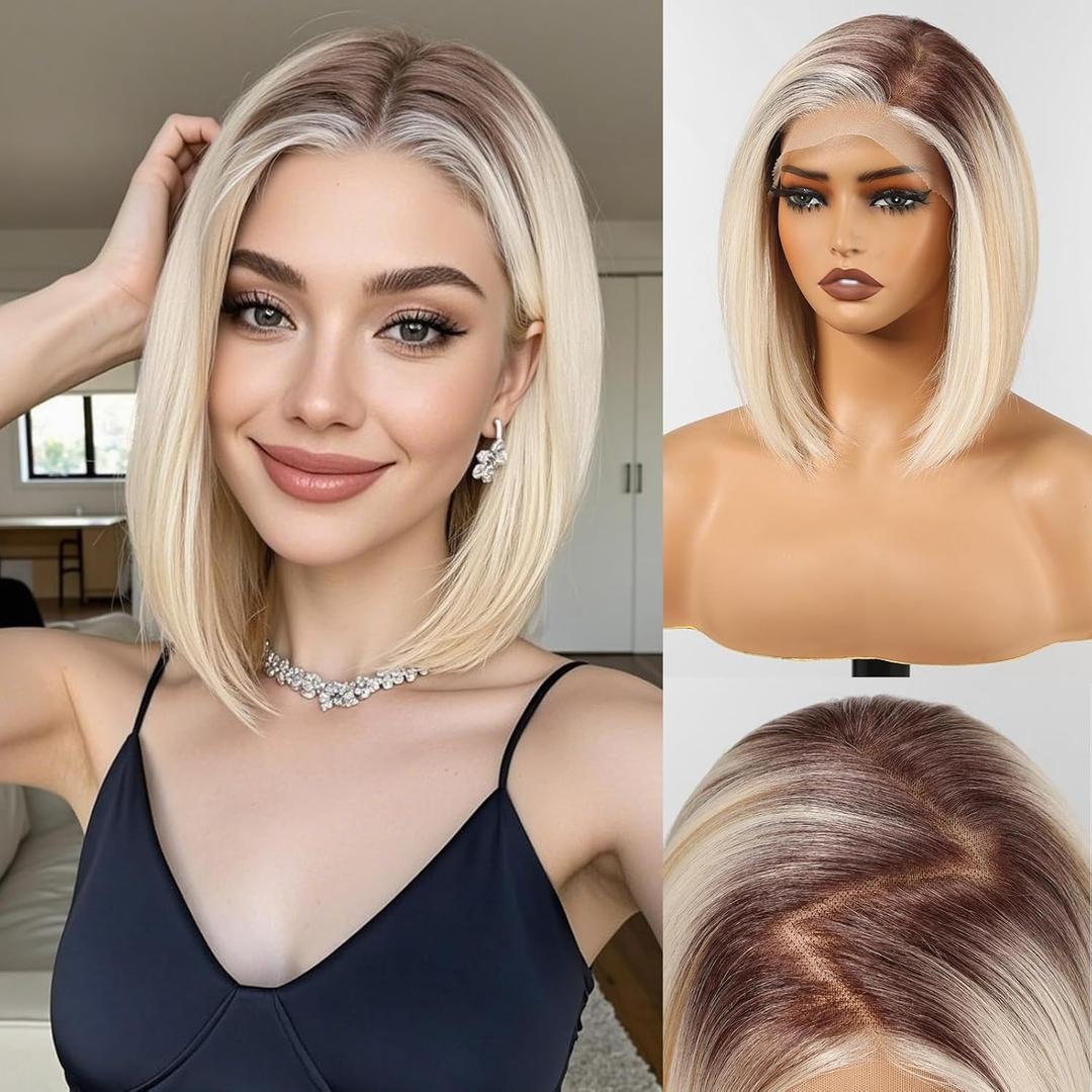 HAIRCUBE 13x6 HD Synthetic Lace Front Wig, 10 Inch Ombre Blonde Hightlight Bob Wig Natural Density Hairline Straight Glueless Wig for Women Daily Use