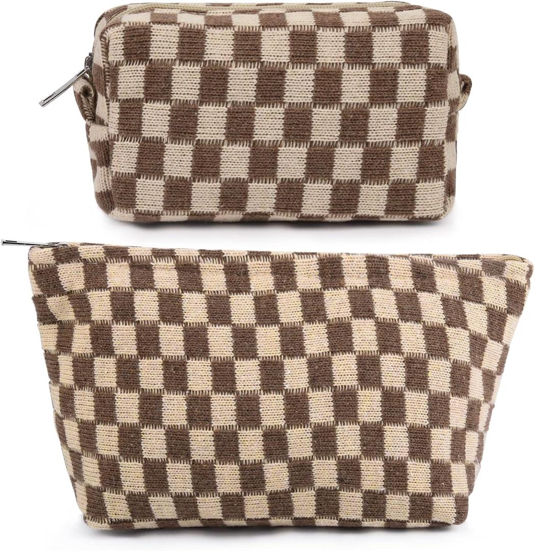 SOIDRAM 2 Pieces Makeup Bag Large Checkered Cosmetic Bag Capacity Canvas Mix Travel Toiletry Bag Organizer Cute Makeup Brushes Aesthetic Accessories Storage Bag for Women, Checkered Mix Brown