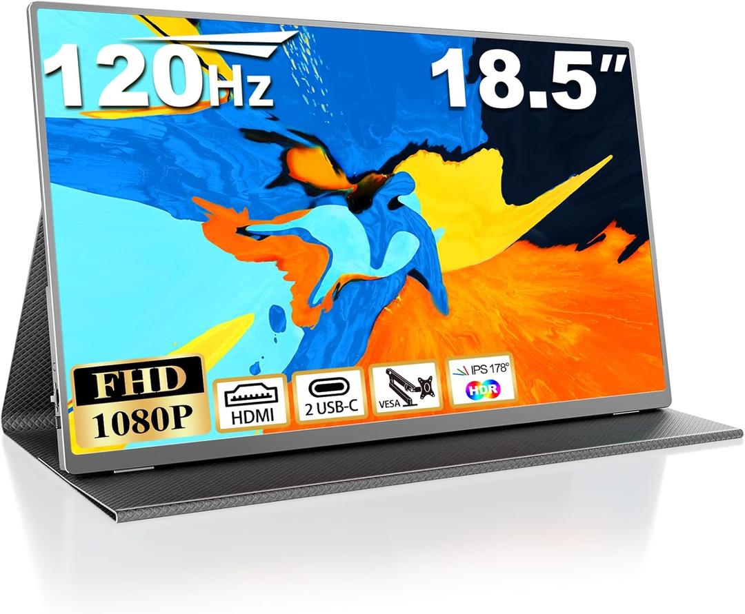 18.5 Inch Large Portable Monitor, 120Hz 1080P FHD IPS Portable Travel Second Screen Display for Laptop/Phone/Xbox PS4/5, 125% sRGB, Dual Speakers, VESA & Smart Cover