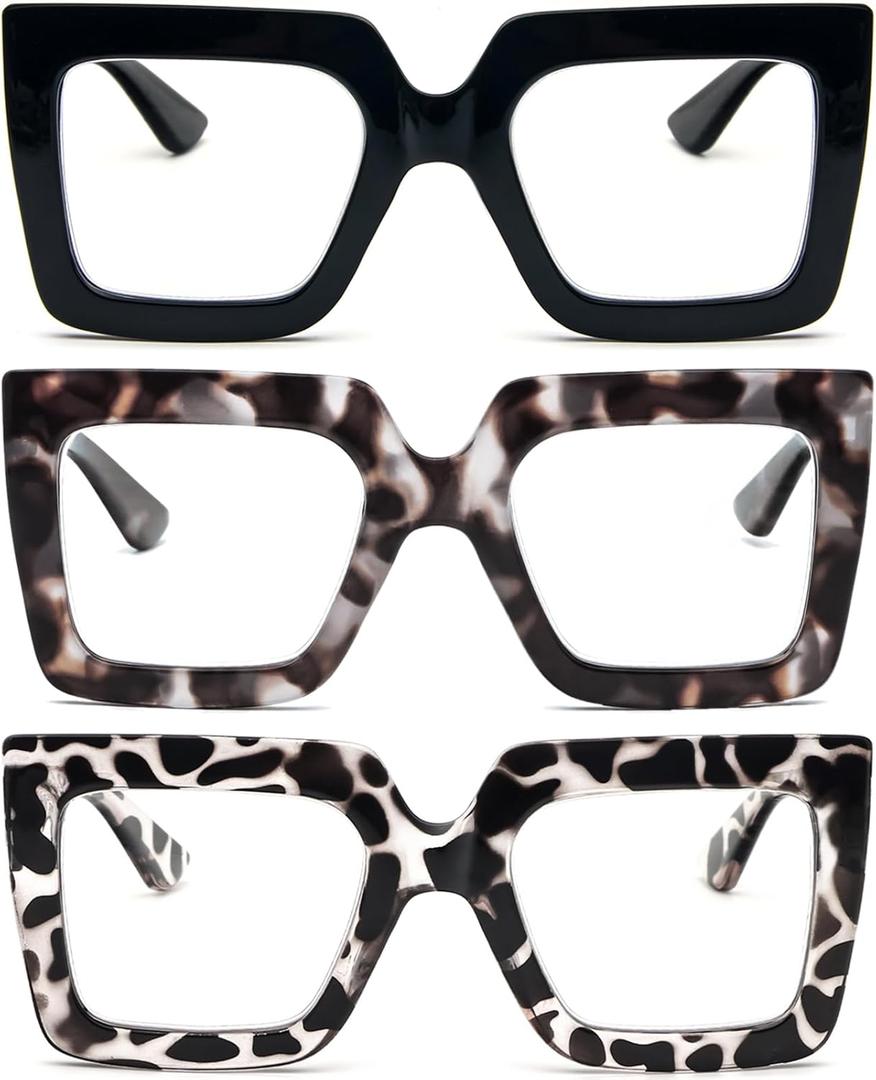 REAVEE 3 Pack Oversized Reading Glasses for Women Large Frame Extra Wide, Blue Light Blocking Stylish Thick Square Readers (Black+black Leopard+clear Leopard)