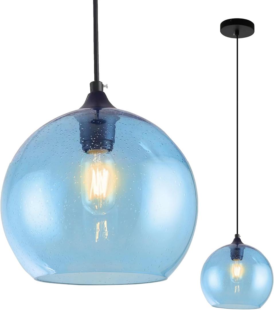 Blue Glass Pendant Lights Kitchen Island Lighting Globe Pendant Light Fixtures Modern Pendant Lighting for Kitchen Island Bedroom Living Dining Room Light Fixture,7.8inch