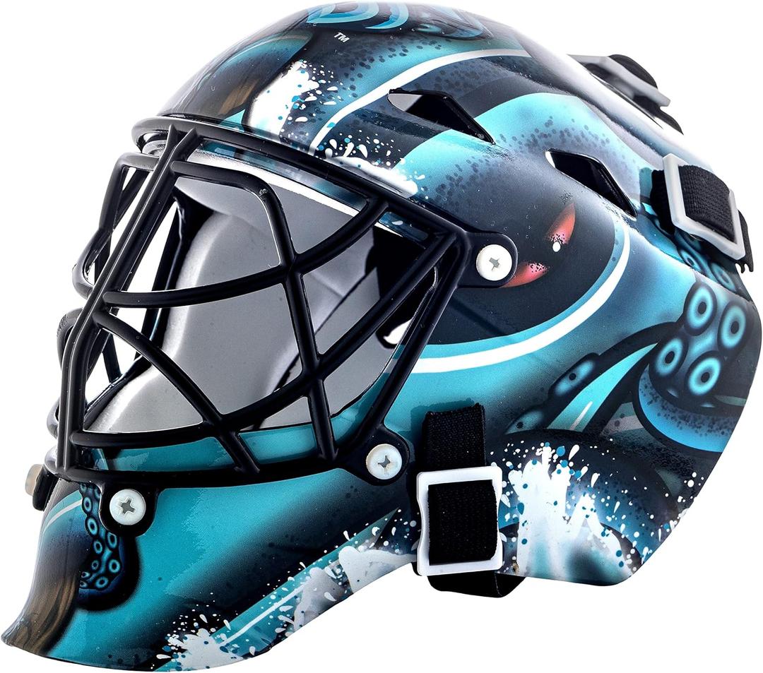 Franklin Sports Seattle Kraken NHL Team Logo Mini Hockey Goalie Mask with Case - Collectible Goalie Mask with Official NHL Logos and Colors,Black, 
4.5" x 5" x 4"