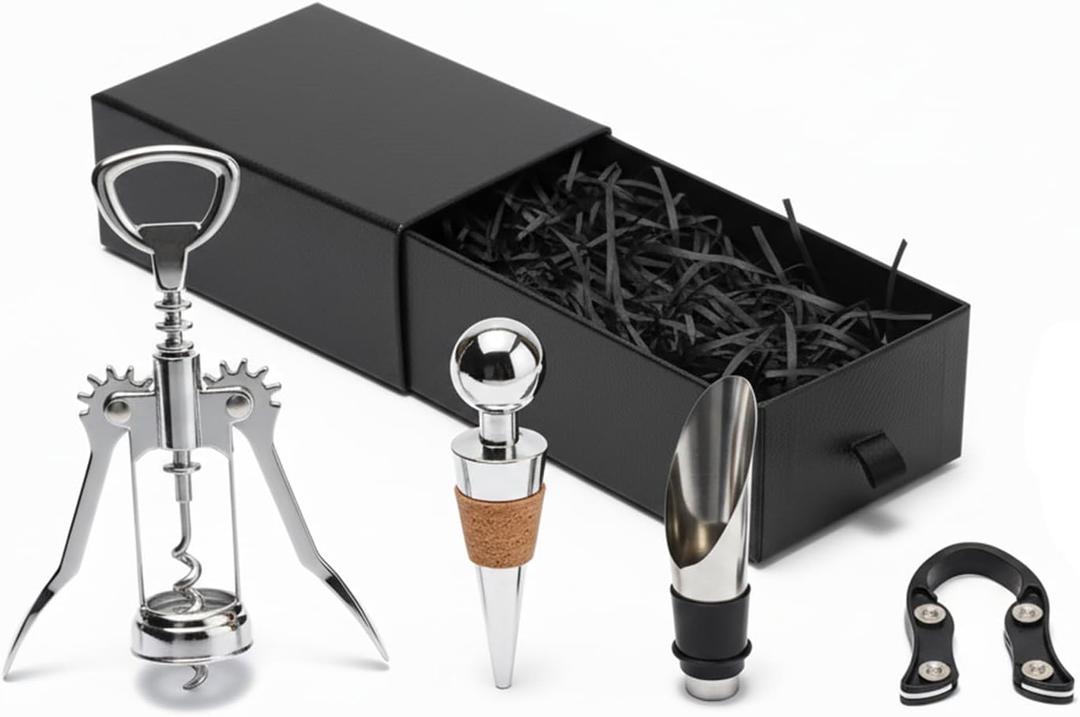 Wine Opener Gift Set-Wing Corkscrew, Foil Cutter, Pourer and Wine Bottle Stopper Accessories Kit for Wine Lovers