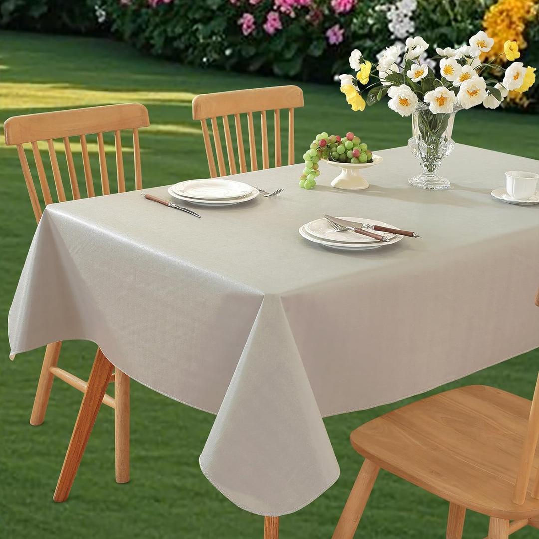 Wondwrla Rectangle Tablecloth, Vinyl Tablecloths with Flannel Backing, Waterproof Wipeable Oil-Proof, Plastic Table Cloth for Dining, Picnic, Camping, Indoor and Outdoor (Light Gray, 52" x 70")