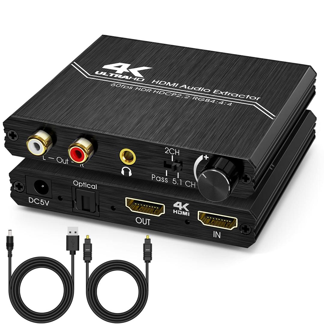 Tendak HDMI Audio Extractor, 4K HDMI to Optical SPDIF + 3.5mm Stereo + RCA L/R Audio Adapter Converter with Volume Control Support 4K@60Hz HDCP 2.2 HDR 3D YUV 4:4:4