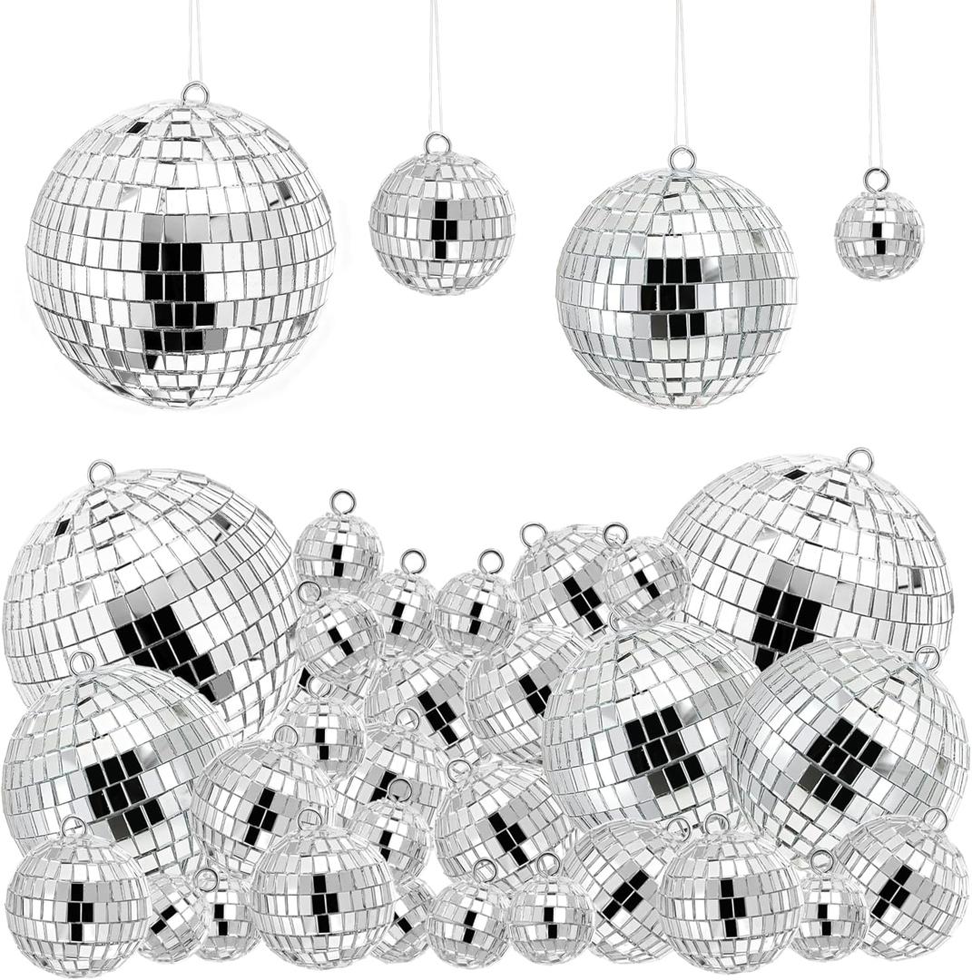 54 Pieces Mini Disco Ball Decor Ornaments, 4 Sizes Glitter Silver Small Hanging Mirror Disco Ball Decoration with Rope for Christmas Tree, Cake Topper, Music Prom, Party, Wedding