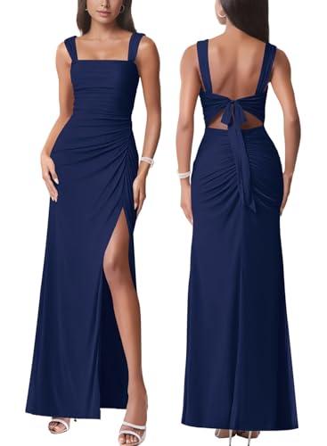 firfig Womens Elegant Mesh Backless Sleeveless Maxi Dress Tie Low Back Formal Cocktail Maxi Dresses Wedding Guest, Navy Blue X-Large