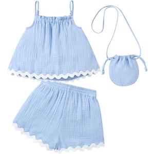 Toddler Girls Summer Outfits Baby's 100% Cotton 3 Pcs Short Sets Adjustable Strap Top Shorts with Matching Bag
