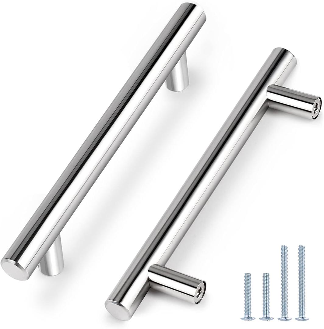 Probrico 5 Pack | 5 Inch Polished Chrome Cabinet Pulls Stainless Steel Kitchen Cabinet Handles, Round T Bar Cupboard Furniture Hardware, Drawer Dresser Pulls Handles
