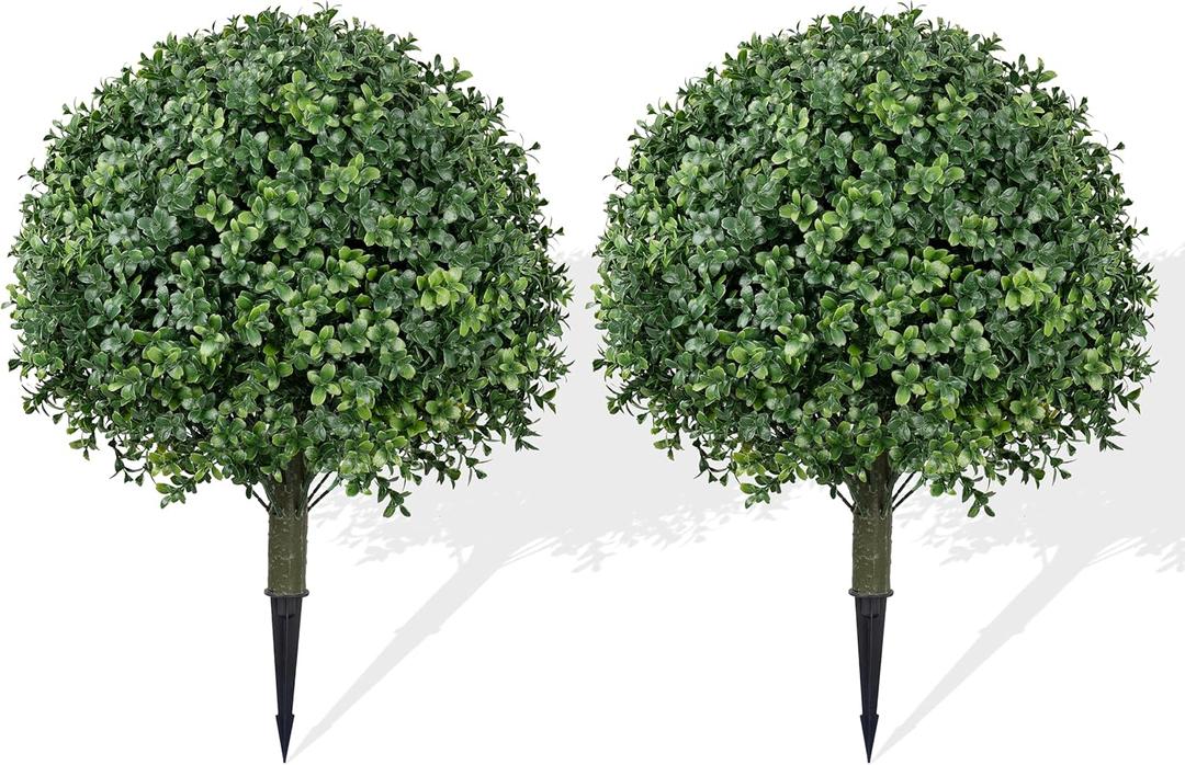 Artificial Boxwood Topiary Ball Trees (Set of 2) 24" Tall UV-Resistant Fake Evergreen Shrubs with Ground Spike for Outdoor Planters, Porch, Garden & Indoor Decor