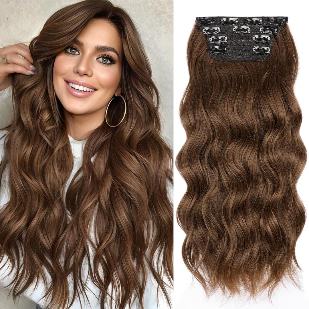 HMD Clip In Long Wavy Hair Extension 1 PCS Synthetic Hairpieces  Thick Double Weft Hair Extension for Women (Brown)