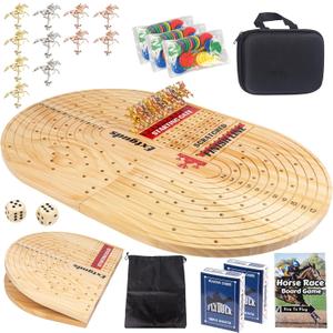 24.8in Wood Horse Race Board Game,Foldable Horse Racing Game,Large Size,with 11 Premium Metal Horses,96 Chips,2 dice,2 Boxes of Playing Cards,Storage Box,Large Storage Bag and Instruction Manual