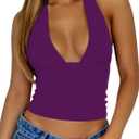 ForeFair Women Sexy Halter Deep V Neck Backless Crop Tank Top Open Back Sleeveless Slim Fit Y2k Summer Tops (Small, Dark Purple)
