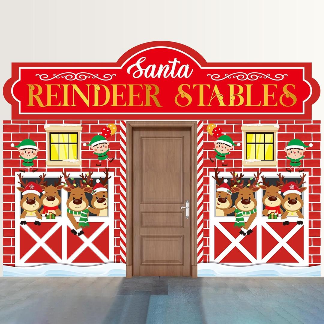 HunnmingRe 3 Pcs 157" Large Christmas Classroom Door Decorations Christmas Reindeer Stables Party Porch Banner Front Door Cover Xmas Background for Office Decorations Photo Background