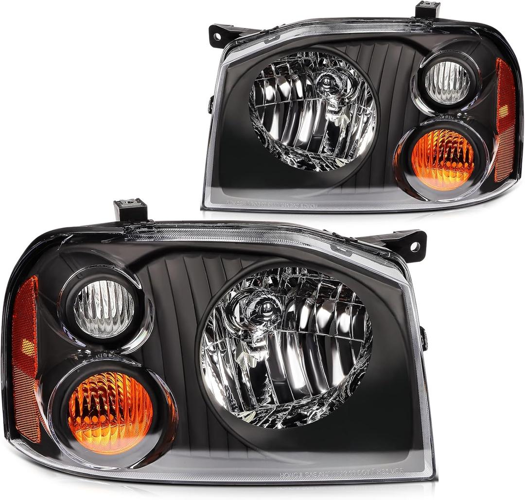 Headlight Assembly Fit with 2001-2004 Nissan Frontier XE Black Chrome Housing Clear Lens Amber NI2502131 NI2503131