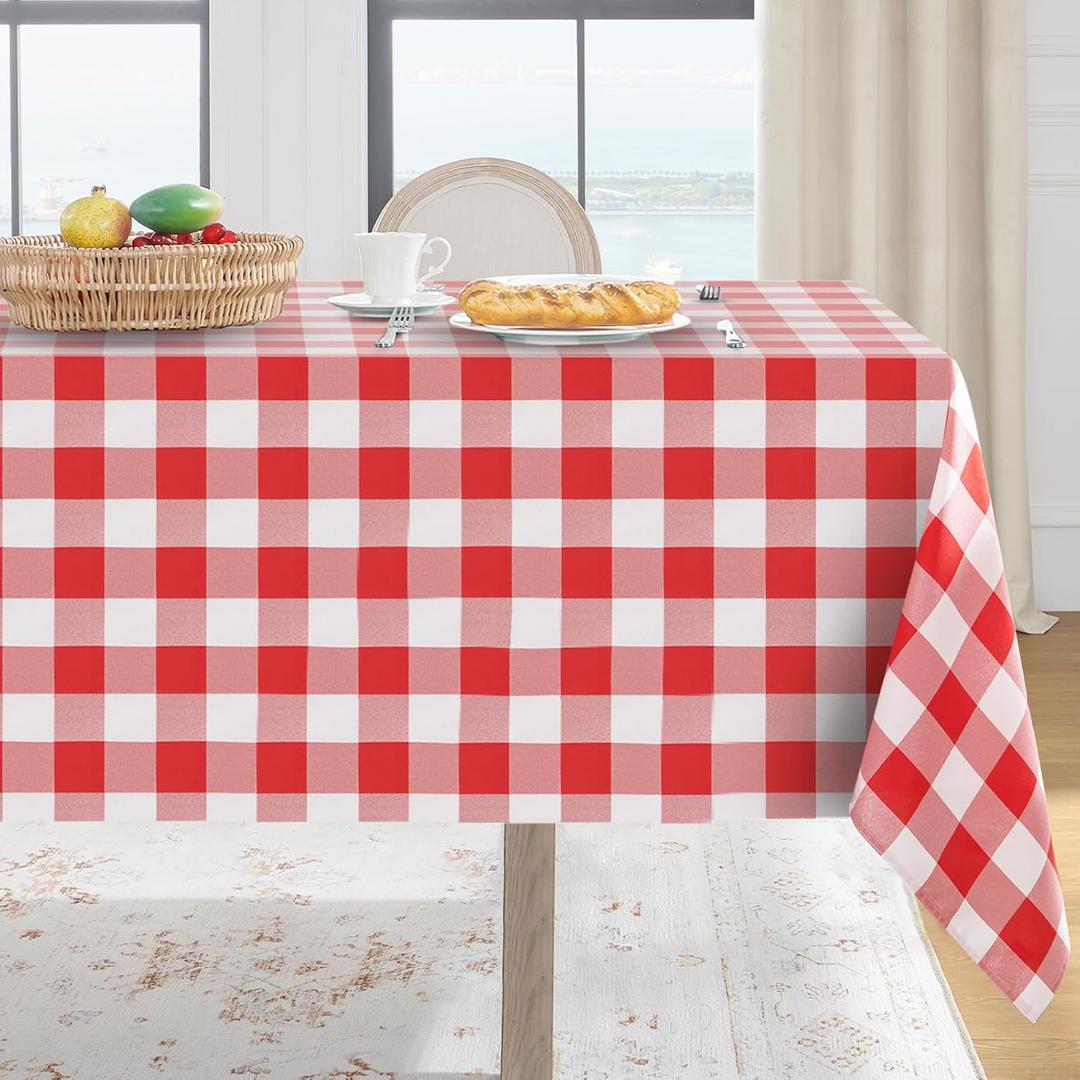 Softalker Gingham Checkered Tablecloth Rectangle - Outdoor Waterproof Buffalo Plaid Table Cloth, Stain Resistant Washable Table Cover for Picnic, Camping, Dining - Red and White, 60 x 120 Inch
