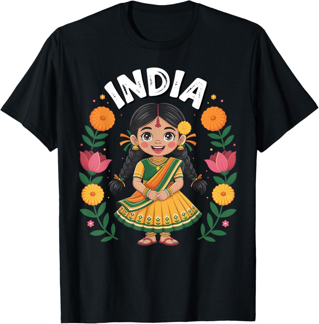 India Flag Culture Pride Cute Indian Girl for Kids T-Shirt (6Y, Black)