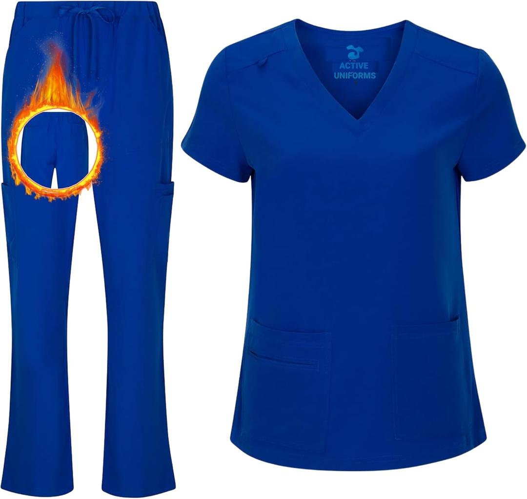 Women's Cool Stretch V-Neck Top and Cargo Pant Scrub Set with Regular and Petite Sizes (X-Large, True Royal Blue)