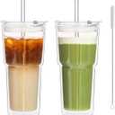KEMORELA 2PCS 20oz Double Wall Glass Tumblers with Lids and Straws – Insulated Borosilicate Glass Matcha Cups for Iced Matcha Latte, Smoothies, Reusable Travel Glass Cups – Leak Proof 2-in-1 Lid Clear double wall glass coffee mugs