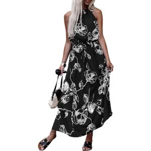 miduo Womens Casual Summer Halter Neck Sleeveless Bohemian Geometric Pattern Flowy A Line Maxi Long Dress with Belt (Black, L)