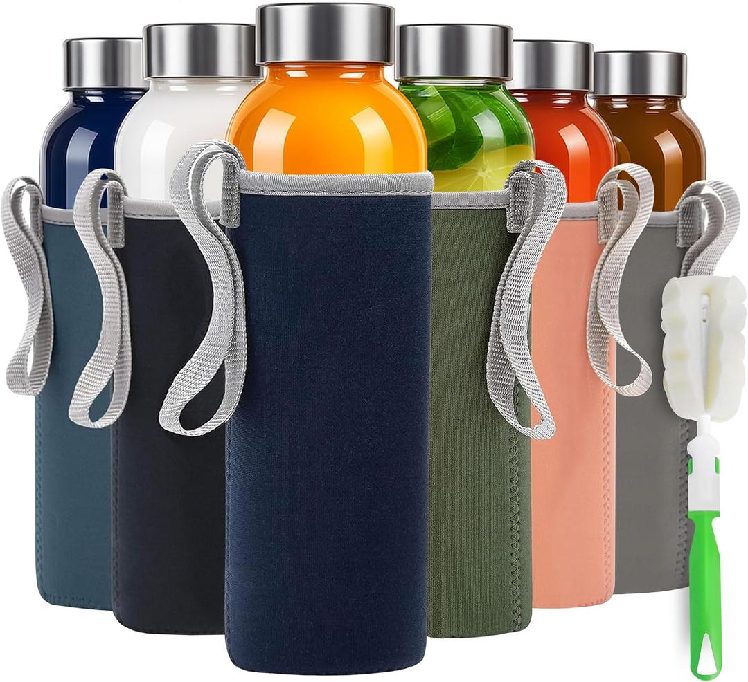 Epica glass bottles with lids 18oz glass water bottles, reusable juice bottle with lids for storing juices, reusable water bottle durable & ecofriendly set of 6 with Sleeves