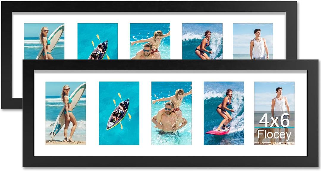8x24 Picture Frame with Tempered Glass, 4x6 picture frame collage, Display Five 4x6 Photos with Mat or One 8 x 24 Picture without Mat - Horizontal or Vertical Wall Mounting, 2 Pack, Black