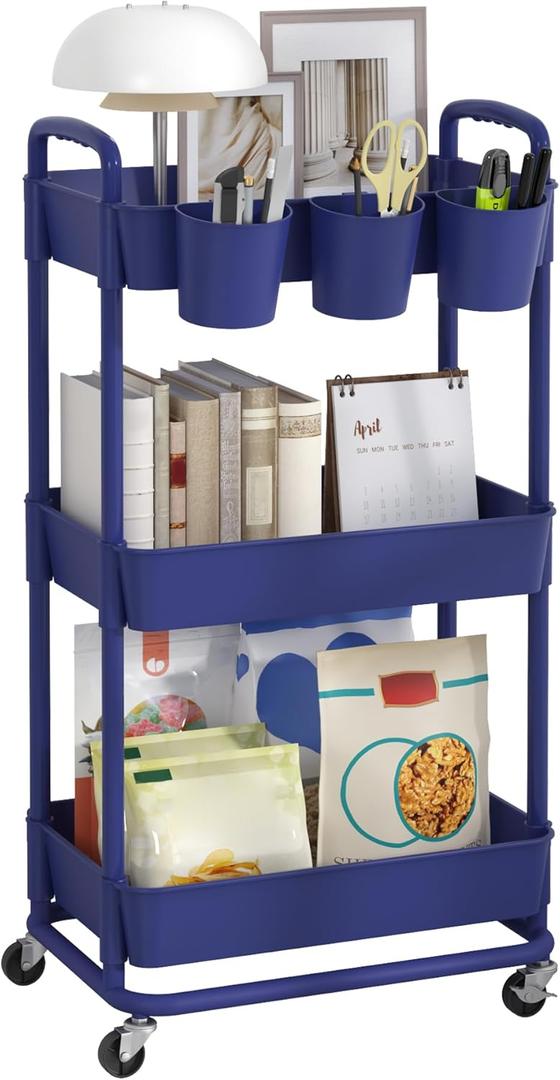 JIUYOTREE 3-Tier Plastic Rolling Storage Cart Utility Cart with Extra Hanging Cups Handles Lockable Wheels for Living Room Bathroom Kitchen Office Blue (11.02"D x 15.75"W x 31.49"H)