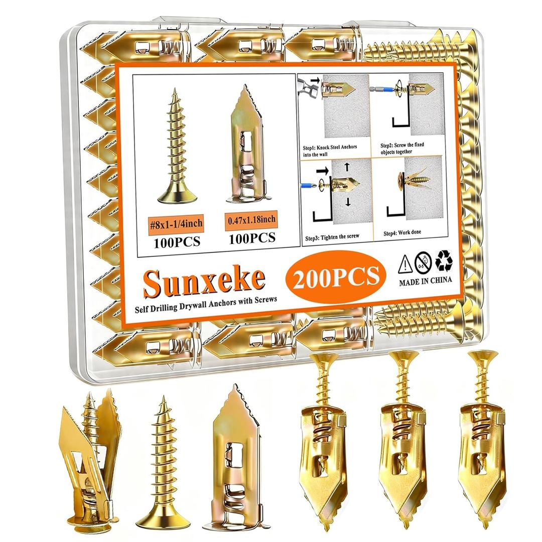 200Pcs Self Drilling Drywall Anchors with Screws Kit, 100 Sheetrock Anchors (0.47x1.18inch) & 100#8x1-1/4inch Zinc Screws, No Drill Needed, for Picture Frames, Wall Hanging, Art, Shelves