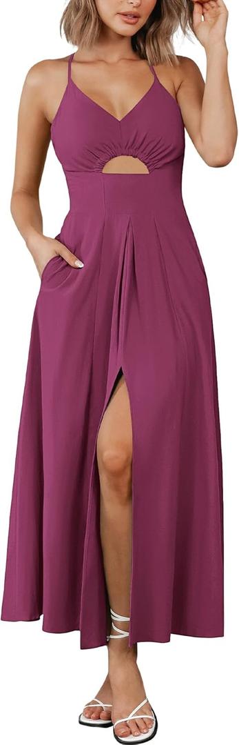 BTFBM Women 2025 Summer Spaghetti Strap Midi Dress Sleeveless V Neck Cutout Slit Casual Beach Party Maxi Dresses Pockets (Medium, Purple)