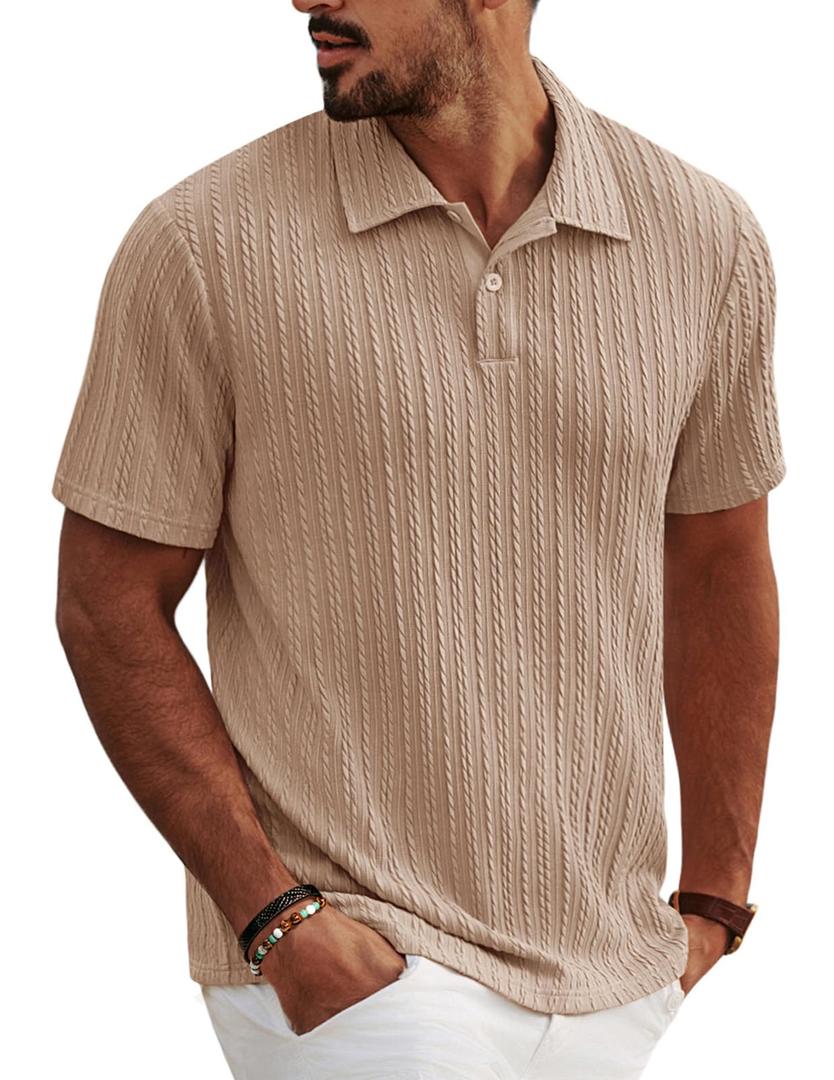 Mens Textured Polo Shirts Short Sleeve Classic Casual Collared Knit Polo Summer Golf Polo Shirts Apricot (Beige, S)