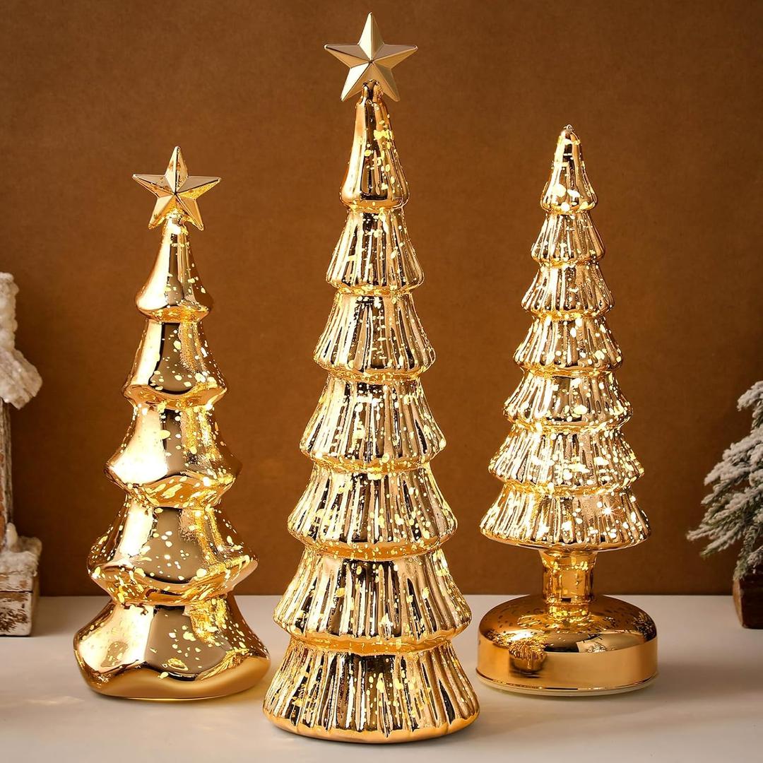 3 Pack Glass Christmas Trees Lighted Christmas Tree Tabletop Glitter Christmas Centerpieces Decoration Glass Xmas Tree Holiday Figurines Ornament for Tables Mantle Holiday Fireplace(Gold)