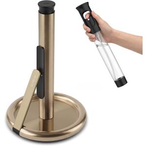Ultrean Paper Towel Holder with Spray Bottle, Countertop Freestanding Paper Towel Dispenser with Spring-Loaded Tension Arm for One-Handed Tear, Weighted Non-Slip Base, Stainless Steel for Kitchen,Gold