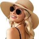 Womens Beach Sun Straw Hat, Wide Brim Sun Hat Travel Foldable Summer Wind Lanyard UPF 50+