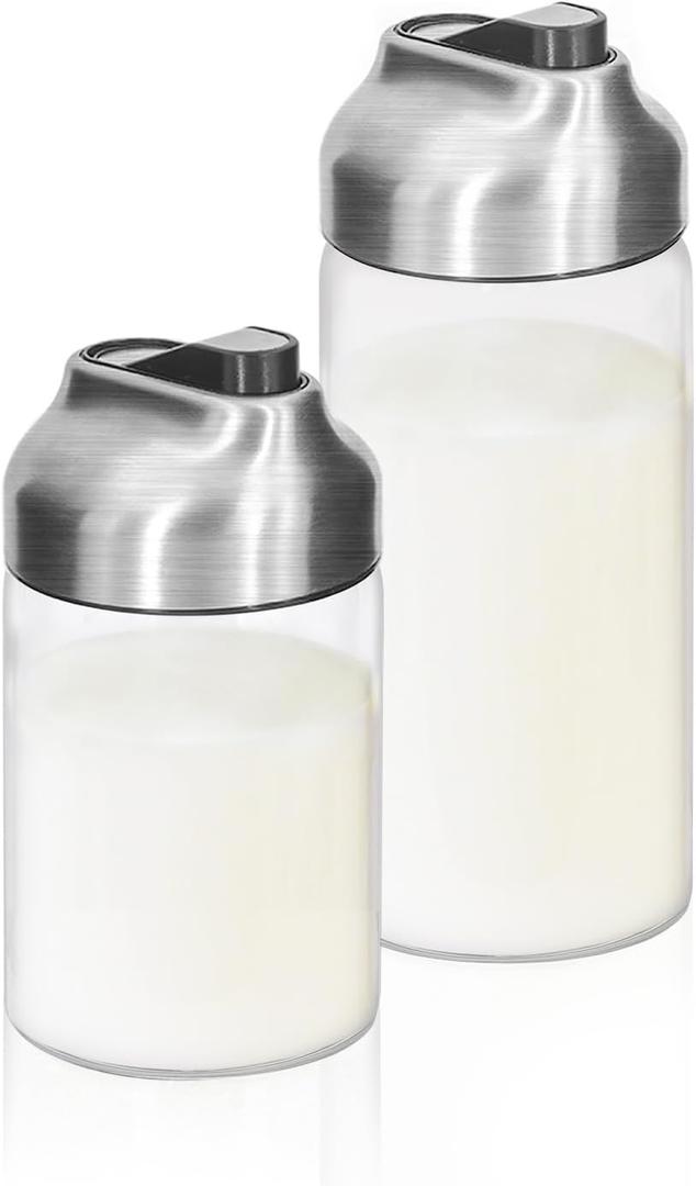 Aelga Glass Coffee Creamer Container Set, Creamer Pitcher 7oz + 12oz Glass Dispenser Container Set for Creamer, Milk and Spices, Coffee Bar Accessories, Pack of 2