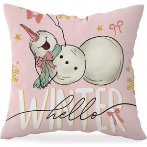 HONLUNG Winter Snowman Throw Pillow Covers 18x18,Pink Christmas Decorative Pillows Cover,Hello Winter Pillow Cover Decor for Home Sofa Bedroom