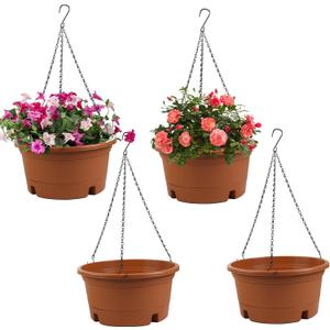 12 Inch Large Hanging Planters for Ootdoor Plants, 4 Pack Plastic Hanging Basket Pots with Drainage Trays & Chain, Hanging Pots for Plants Indoor Outdoor Garden Balcony Decoration (Terracotta)