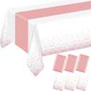 6 Pack Rectangle Plastic Dot Tablecloth Set, 54 X 108 Inch Plastic Table Cover, 12 x 108 Inch Satin Table Runners for Wedding Graduation Birthday New Year Party Decorations (White, Rose Gold)