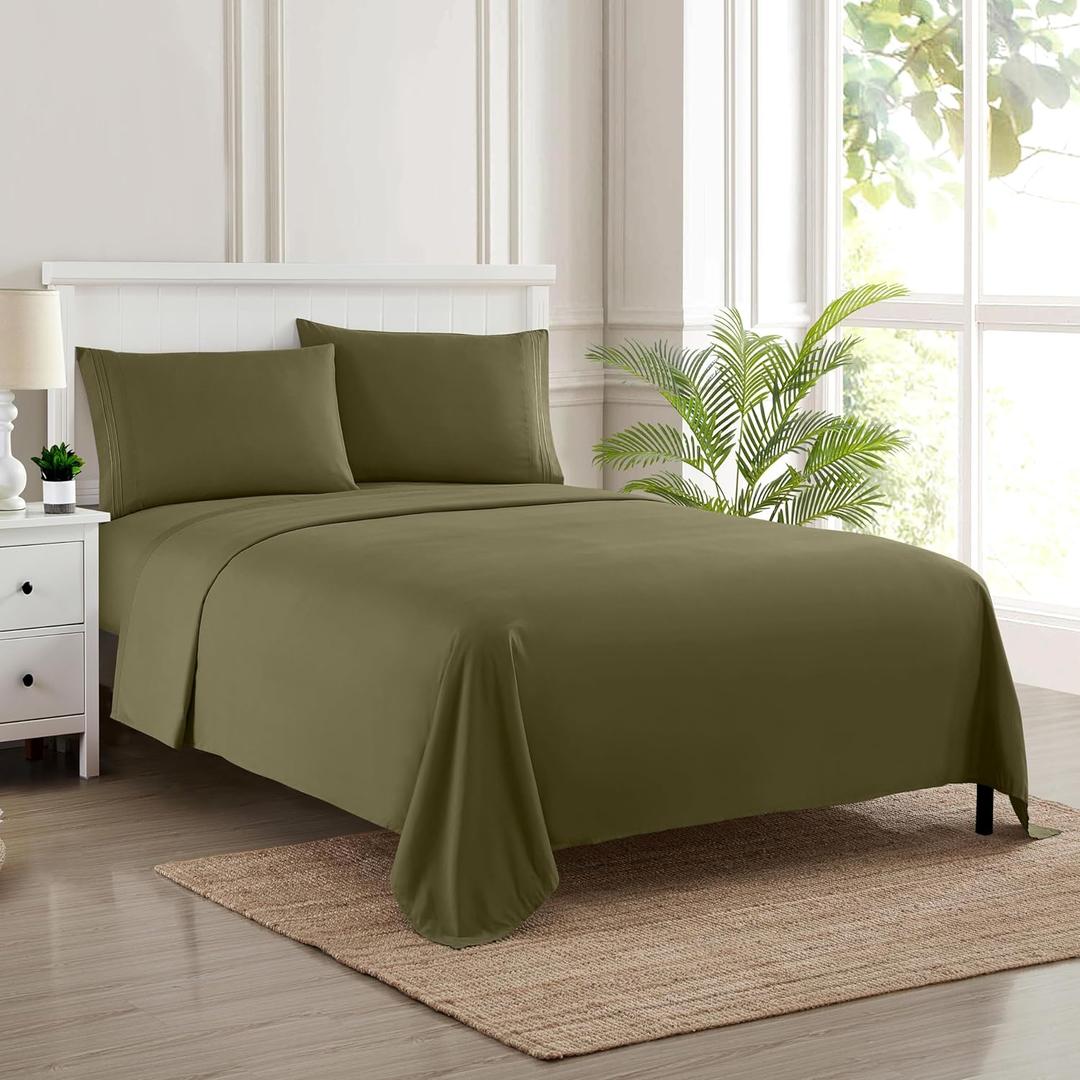 Queen Size Bed Sheets - Breathable Luxury Sheets with Full Elastic & Secure Corner Straps Built In - 1800 Supreme Collection Extra Soft Deep Pocket Bedding Set, Sheet Set, Queen, Olive