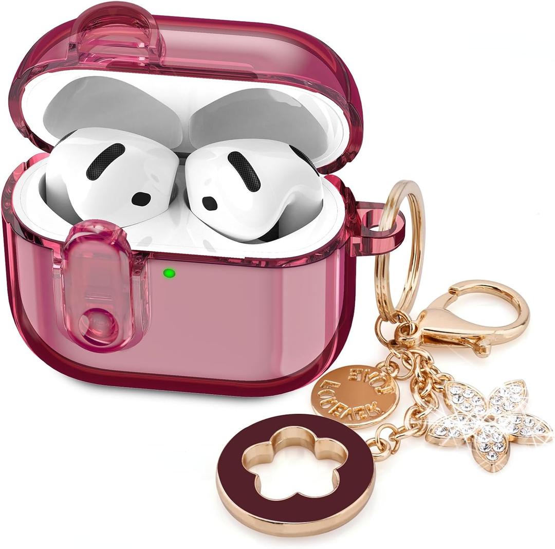 (with Safety Lock) Clear Case Compatible with Cute Apple Airpods 4 Cases 2024 Women, VISOOM Soft TPU Transparency Air pods 4 Gen Case iPods 4 Earbuds Case Girl Bling Keychain for Airpod iPod 4th Gen (Burgundy)