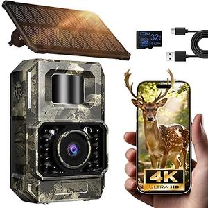 MAXDONE Solar WiFi Trail Camera Bluetooth Game Camera, 4K 64MP Wildlife Cameras 2000mAh Builtin Battery Rechargeable Power Hunting Cameras with Night Vision Trail Cam Bluetooth WiFi Deer Cams