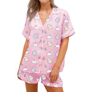 RUEWEY Women Easter Pajamas Set Bow/Rabbit Print Button T-Shirt and Elastic Shorts for Loungewear Soft Sleepwear (X-Large, Pink Base)