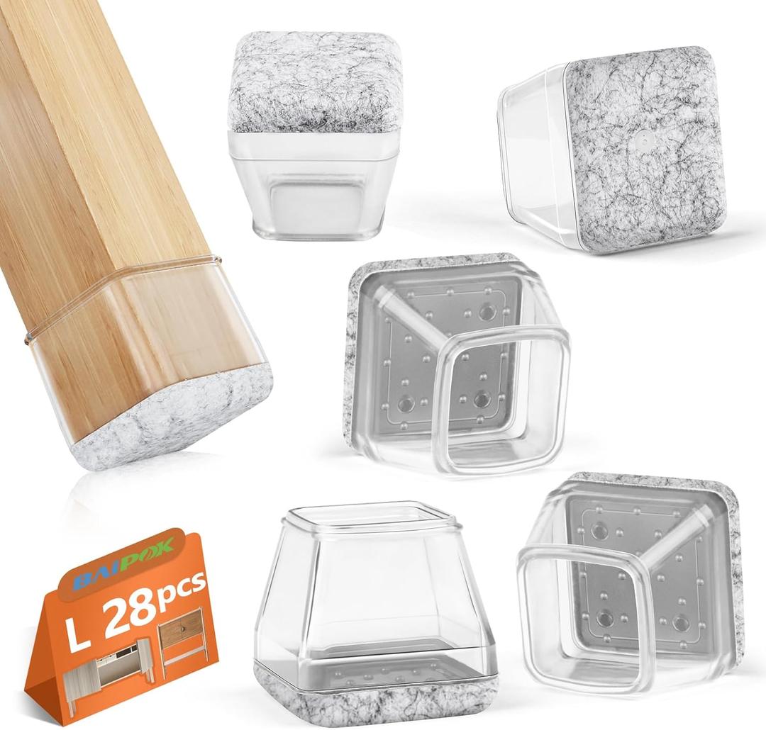 28Pcs Square Chair Leg Floor Protectors with Wrapped Felt Bottom, Silicone Chair Leg Protectors for Hardwood Floors, Chair Legs Cover Prevents Scratches & Reduce Noise (Clear L Fit 1.14"-1.42")